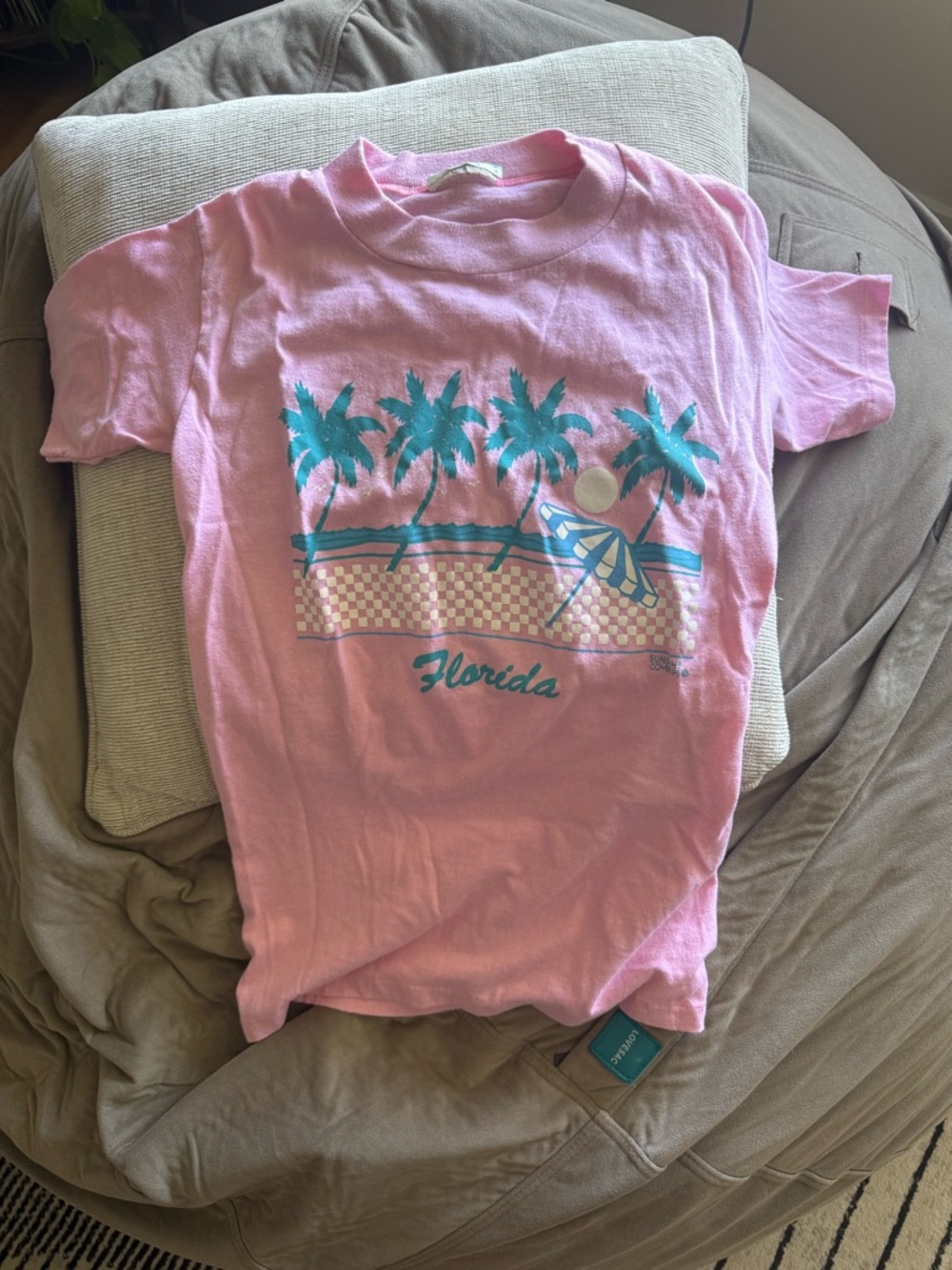 Vintage Pink Tee with Teal Palm Tree Beach Graphic